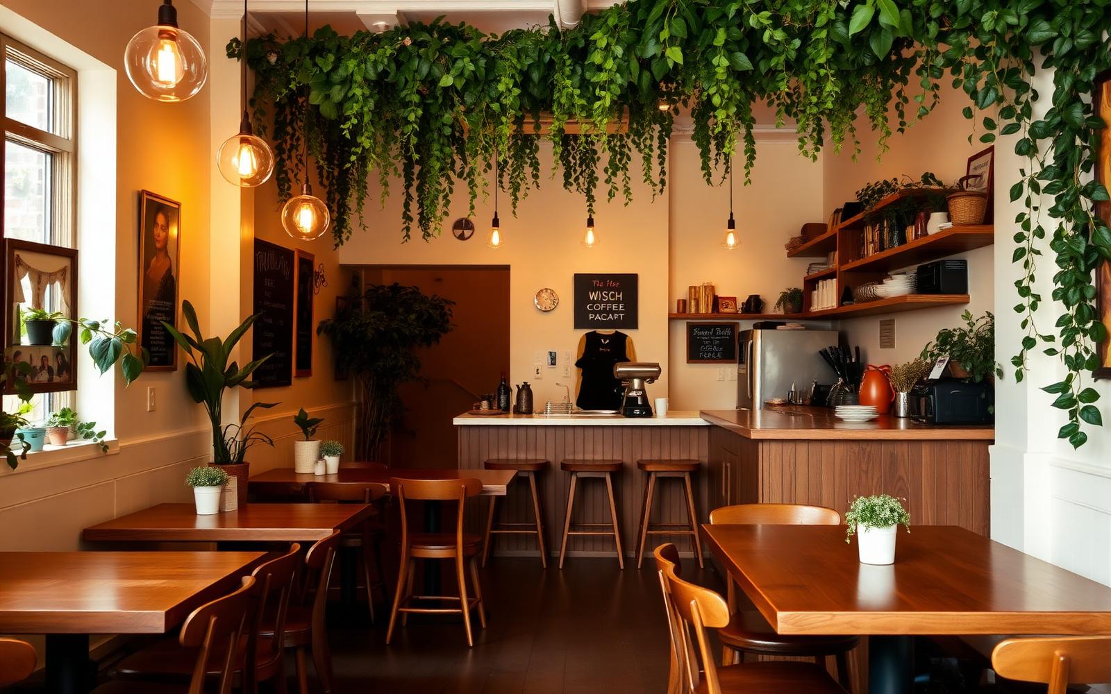 Cozy interior of Ivy Cafe with plants and wooden tables